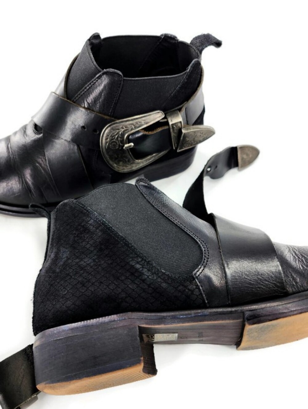 Free People Maverick Chelsea Black Leather Suede Silver Western Buckle Shooties - Picture 5 of 14